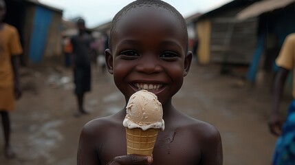 A young boy beams with happiness as he holds a cone of ice cream on a sunny day, surrounded by friends in a rural setting with wooden structures
