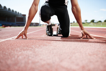 Fitness runner, hands and start block at stadium race track, sports or professional athlete...