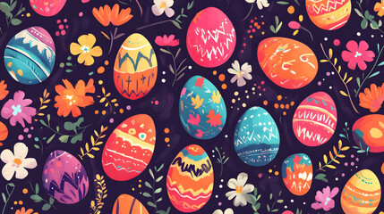 Seamless Easter pattern featuring colorful eggs and floral elements, perfect for spring-themed decor and textile designs