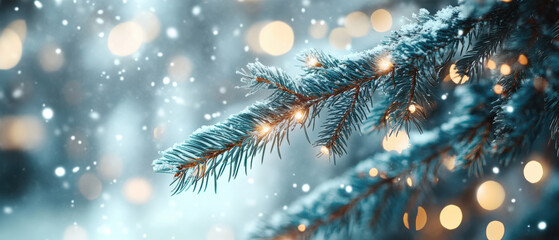 snowy winter scene featuring close up of pine branch adorned with soft glowing lights, creating magical and festive atmosphere