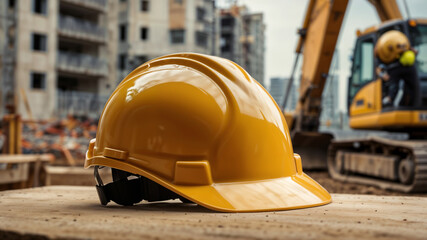 yellow safety helmet on work table on blurred background of construction site, industrial background