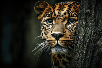 Fototapeta premium Majestic leopard peering from behind tree, showcasing its striking fur and intense gaze. image captures beauty and mystery of this wild feline in its natural habitat