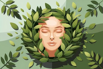 "Top-Down View of Glowing Skin Surrounded by Green Leaves: Nature-Inspired Skincare Illustration"
