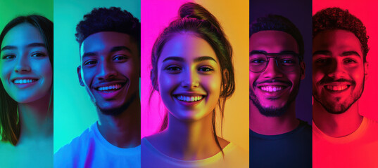 Bright and vibrant portraits of diverse young adults showcasing joyful expressions against colorful backgrounds. Their smiles radiate positivity and energy, creating engaging visual experience