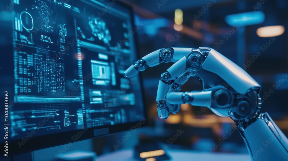 Poster futuristic robotic arm manipulating data in a high-tech control room
