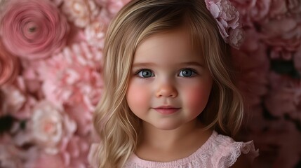 Fototapeta premium A young girl with smooth blonde hair and charming blue eyes poses sweetly in front of an array of pink flowers, radiating joy during a spring celebration