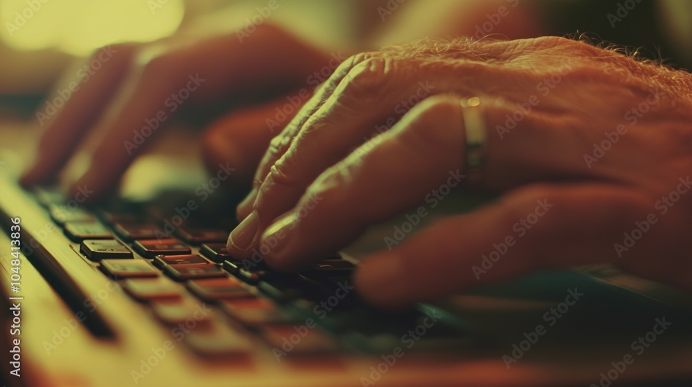 Poster close-up of an elderly hand typing on a keyboard