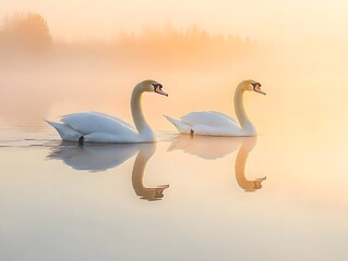 Fototapeta premium Two swans glide through a misty lake.