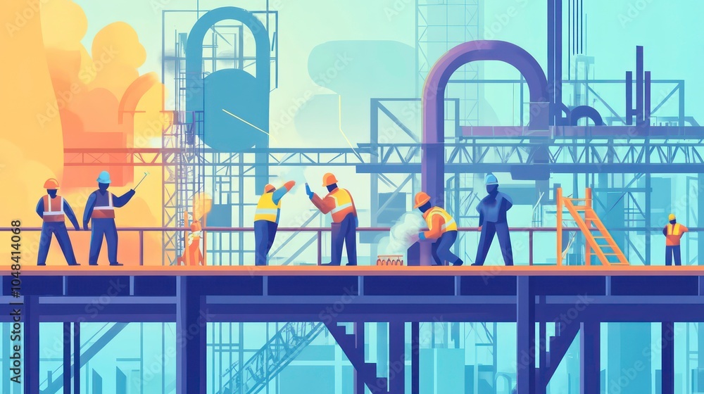 Poster Workers in hard hats and safety vests working on a platform in a factory.