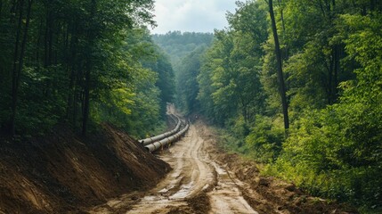 Obraz premium Steel pipelines being built through wooded terrain as part of a significant infrastructure initiative