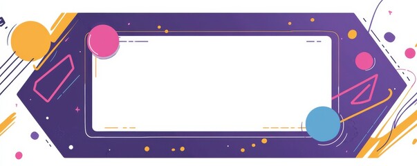 Vibrant purple card with geometric and abstract shapes, featuring a white banner, colorful accents, and dotted patterns for dynamic designs