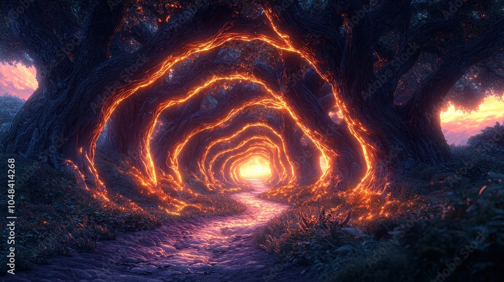 Poster a mesmerizing forest pathway illuminated by warm, glowing light, surrounded by twisting trees, creat