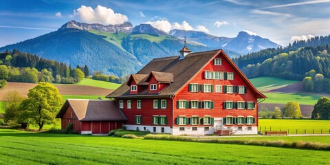 tradition Swiss countryside scene with red farm house