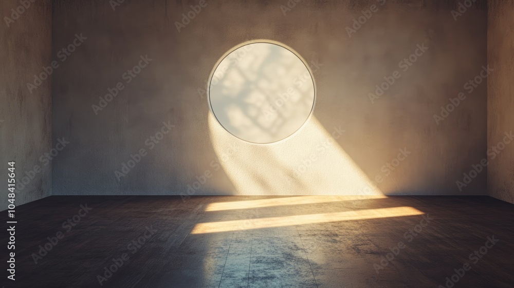 Poster minimalistic room with round window casting sunlight shadows
