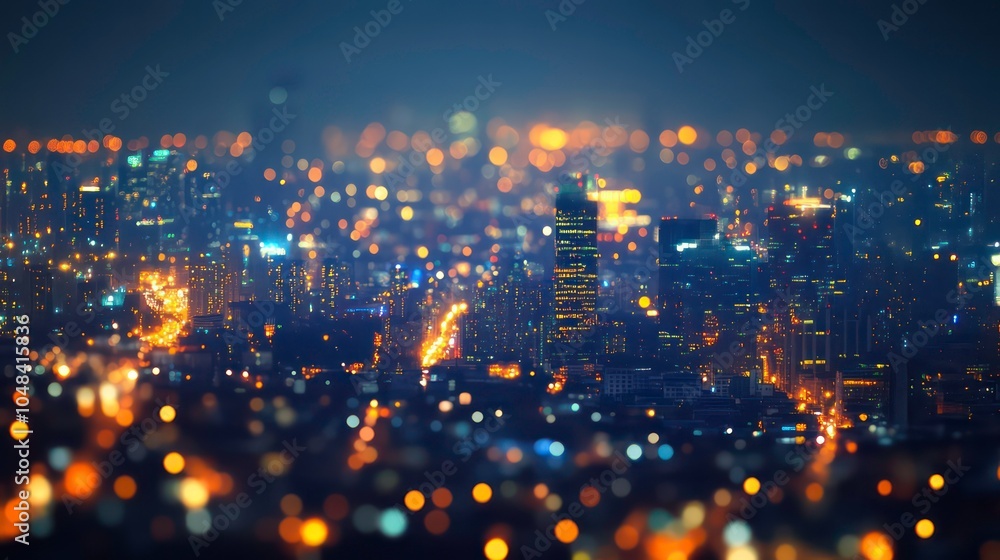 Poster a blurred cityscape at night with glowing lights and bokeh effect.