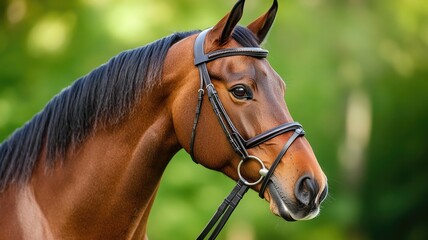 Brown horse with bridle in green field