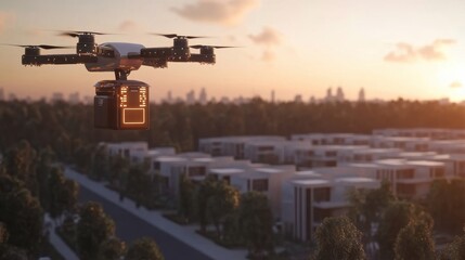 Aerial Drone Delivering Packages Over Suburban Neighborhood at Sunset