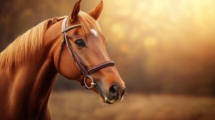 Obraz premium Brown horse with bridle in warm, soft light