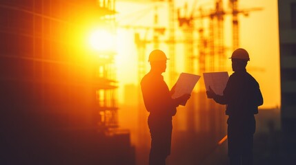 Two Construction Workers Reviewing Plans at Sunset