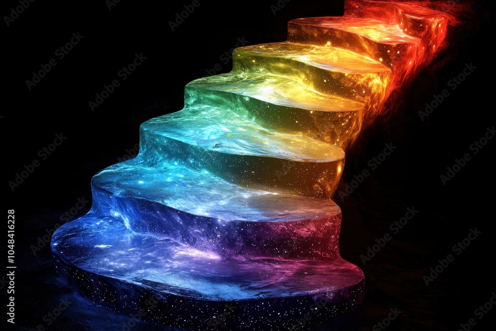 Poster a vibrant, colorful staircase appears to float against a dark background, blending cosmic elements w