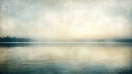 Fototapeta premium A foggy sky over a lake with the horizon fading into the mist, and the still water reflecting the soft, muted tones above