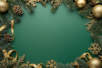 Festive Christmas decorations with green background, featuring golden ornaments, pine cones, and lush evergreen branches. Perfect for holiday celebrations and seasonal greetings