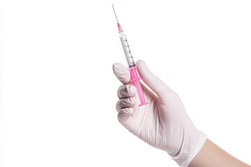 gloved hand holds pink syringe, symbolizing healthcare and medical procedures. This conveys sense of professionalism and care in medical practices