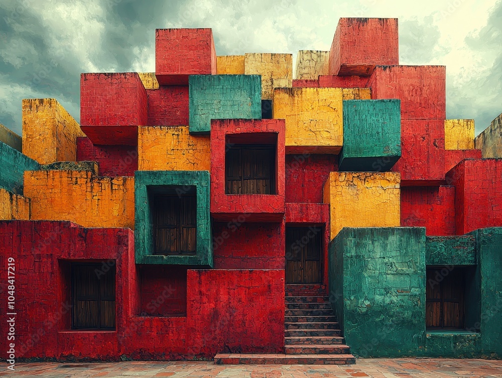Poster a vibrant, abstract construction features colorful stacked boxes with a staircase, creating a bold a