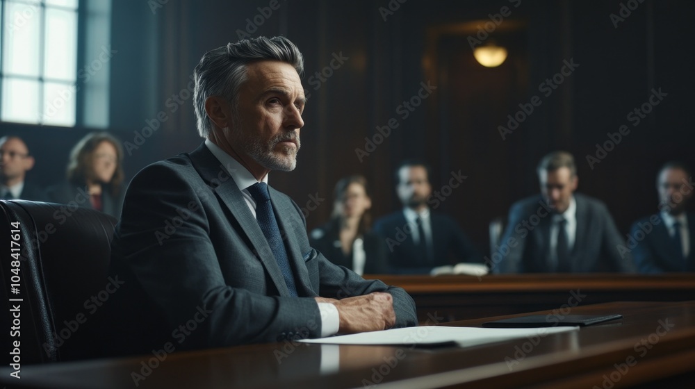 Aufkleber a man in a suit sits at a desk in front of a group of people