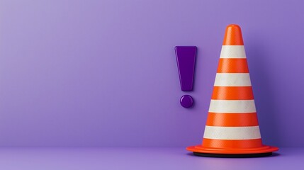 Traffic cone on a purple background with an exclamation mark, symbolizing caution and alertness in construction zones.
