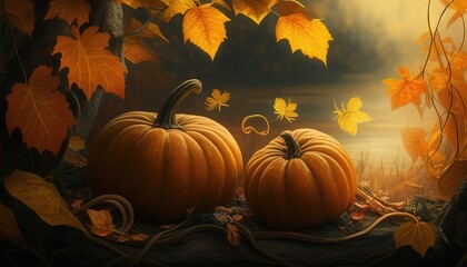 Naklejka premium Pumpkins and Autumn Leaves Basking in Warm Sunlight
