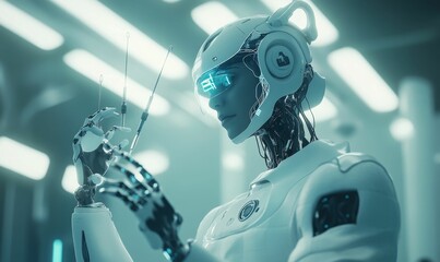 A robotic doctor holding a syringe.
