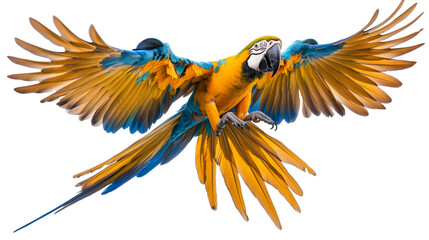 Fototapeta premium Vibrant macaw in flight showcasing colorful plumage on a transparent background