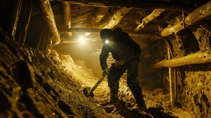 Fototapeta premium a man is digging the ground for mining