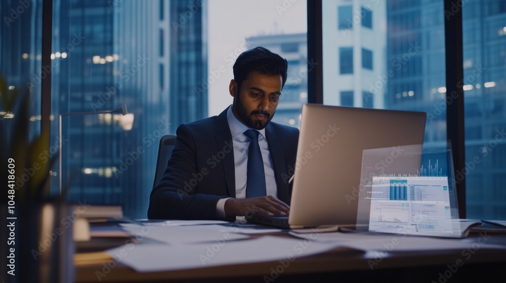 Poster A man in a suit is working on a laptop in front of a window