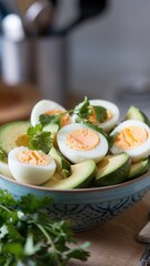 Close-Up of Avocado and Hard-Boiled Egg with Yellow Peppers