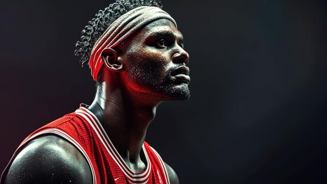 A basketball player in a red jersey looks up while on the court
