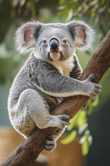Fototapeta premium cute koala clings to tree branch, showcasing its fluffy gray fur and large ears. playful expression adds sense of joy to this adorable marsupial in its natural habitat
