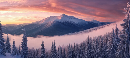 Obraz premium breathtaking winter landscape featuring majestic mountains and serene forest blanketed in snow. vibrant sunset casts warm glow over scene, creating tranquil atmosphere