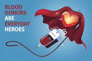 "Blood Donation Campaign: Abstract Design of Blood Bag as Superhero Cape Above Glowing Heart"
