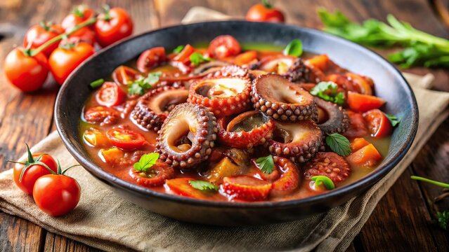 Traditional Italian recipe for stewed octopus with tomatoes, known as moscardini in umido or octopus guazzetto, prepared Luciana style