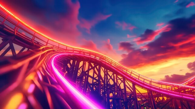 A rollercoaster track with neon lights against a vibrant sunset sky.