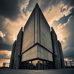 A photo of a Neo Brutalist building standing tall with sharp, angular lines. strong concrete surface and geometric shapes Set against a turbulent sky and dramatic with cumulus clouds.