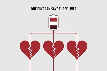 "Blood Donation Campaign Design: One Blood Bag Saving Three Lives with Heart Silhouettes"
