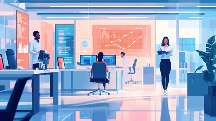 Obraz premium Collaborative Modern Office Space with Diverse Employees Working on Business Analytics