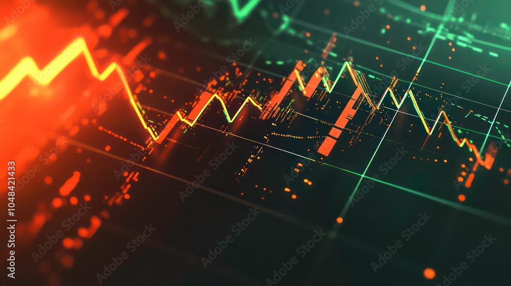Poster a close-up view of a stock market chart with lines in red and green.