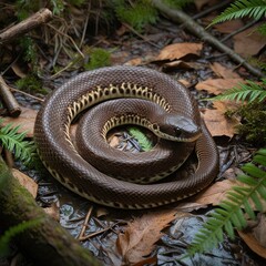 Obraz premium A puff adder snake coils on the dense forest floor