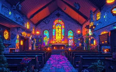 Obraz premium Neon Church Interior with Stained Glass Windows