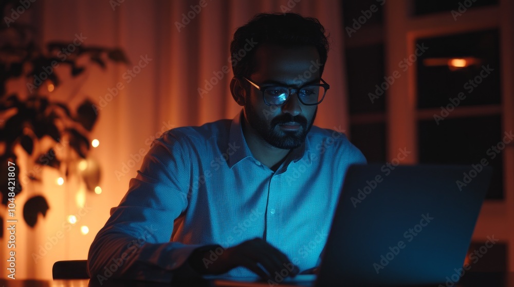 Poster a man is sitting at a desk with a laptop in front of him