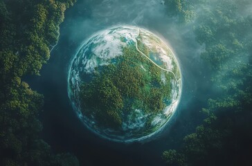 A stunning top-down view of Earth blending with nature, depicting a sphere overlay on a forest and ocean landscape